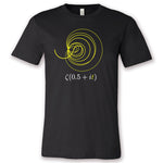 A black t-shirt with the zeta function printed on the front. The function looks like a large spiral, printed in yellow ink. From 3Blue1Brown.