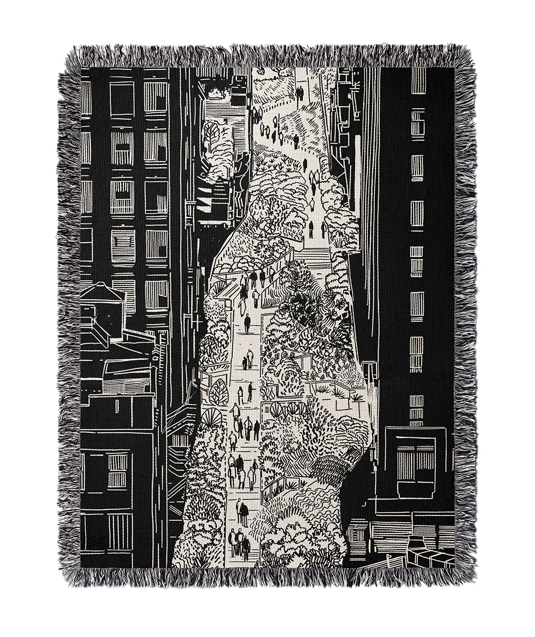 A black and white woven blanket with an illustration featured in the book The 99% Invisible City: A Field Guide to the Hidden World of Everyday Design. 