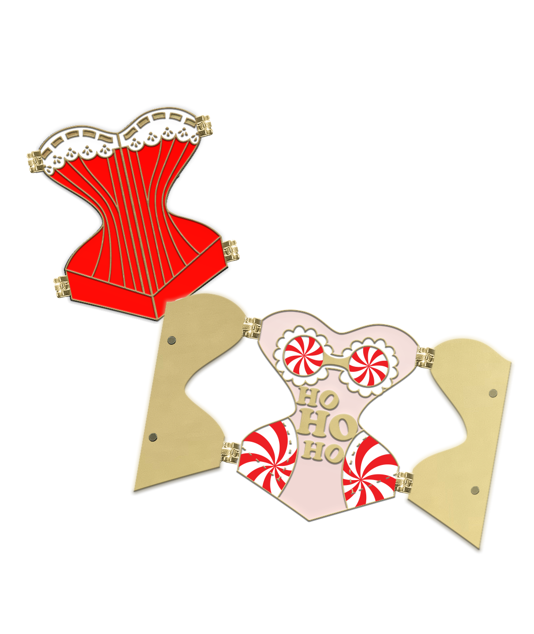 Gold hard enamel pin shaped like a corset filled with red enamel and a white enamel top edge to look like lace with gold detailing. The pin is split down the middle with golden hinges on each of the four corners to show it can open. The pin is then shown open below to reveal the words "HO HO HO" in the center with candy can patterned padding on each hip and a candy cane candy bra with white enamel lace. Small magnets are on the back of the two open front flaps.