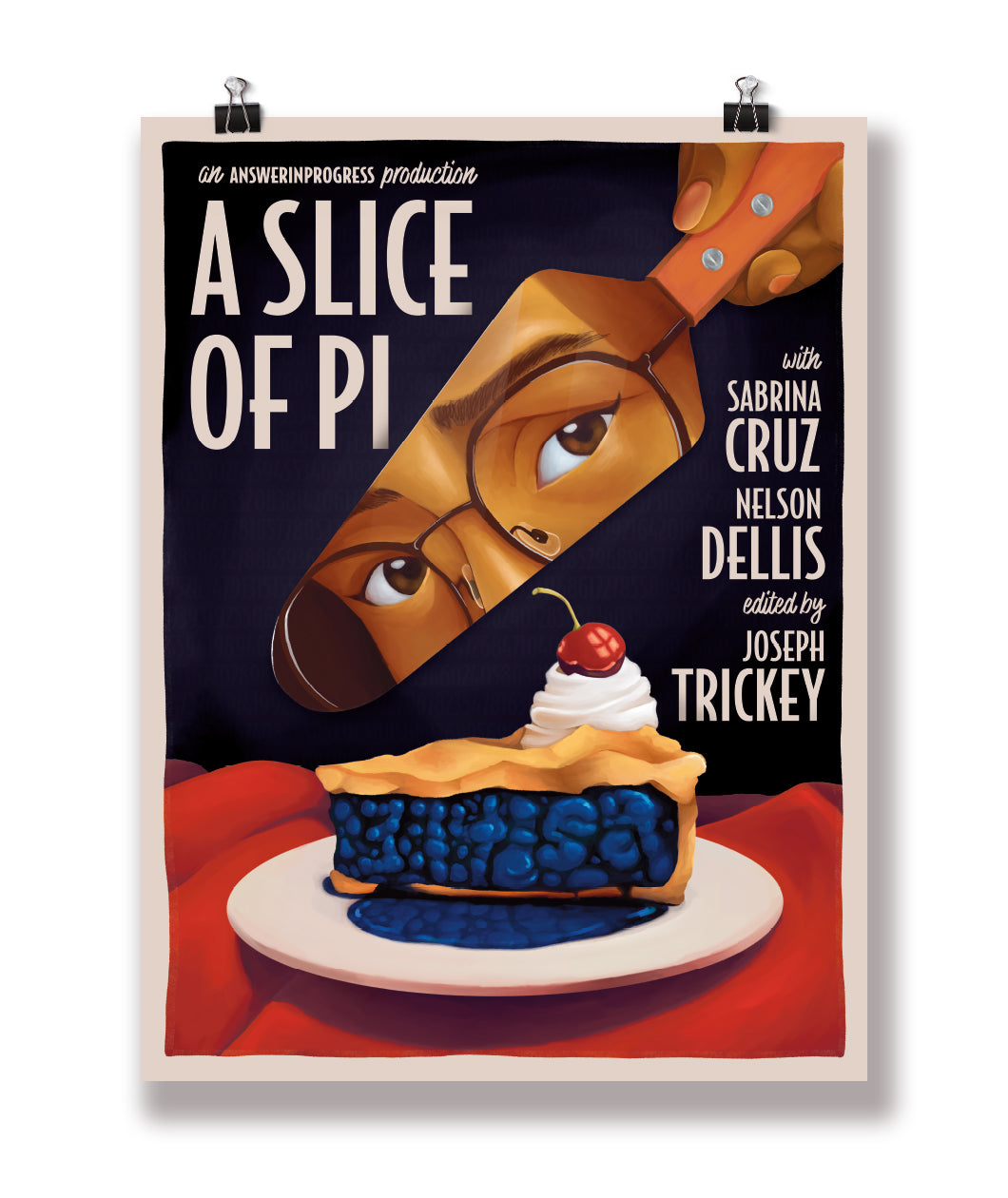A vertical poster with an illustration of a slice of blueberry pie on a white plate, on a red tablecloth. There is a spatula that is about to cut into the pie that has the image of a person's eyes wearing glasses. Text on the poster reads 
