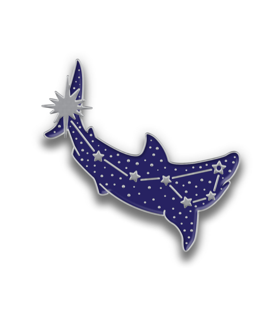 The Scishow pin of the month for January is shaped like a shark with dark blue filling and small stars forming the Big Dipper. 