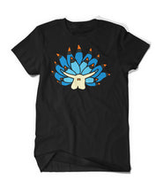 The sea slug shirt from Bizarre Beasts is a black t-shirt with a white, blue and orange sea slug on the front.