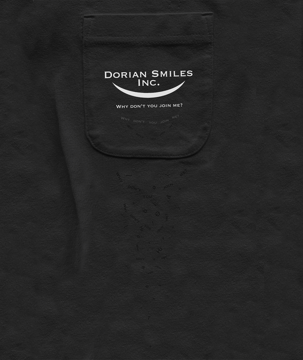 Close-up on a black pocket with the words "Dorian Smiles Inc." over a curved smile and the phrase "Why don't you join me?" in white. The phrase is repeated in undulating patterns of black ink underneath the white words. By Brian David Gilbert