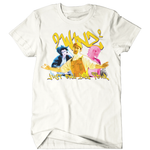 A white t-shirt with stylized yellow writing that says "2winz² Just One Day Tour" and the torsos of 3 people tinted yellow, blue, and pink - by Brian David Gilbert