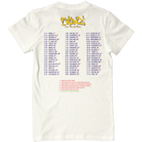 The back of a white t-shirt with yellow writing "2winz² Just One Day Tour" at the top center, 3 columns of dates and cities extending across the mid-back, and a list in red centered beneath it - by Brian David Gilbert