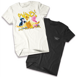 Two shirts bundled together, one black t-shirt with a small pocket on the right side of the chest with white writing on it and one white t-shirt with stylized yellow writing that says "2winz² Just One Day Tour" and the torsos of 3 people tinted yellow, blue, and pink - by Brian David Gilbert.