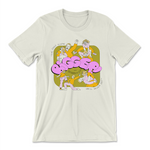 Light green t-shirt with a design in pink, green, and yellow of Brennan and Izzy goofing around with the text "BIGGER! with Brennan & Izzy: 'The only note we'll never get'"