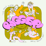 Digital design in pink, green, and yellow of Brennan and Izzy goofing around with the text "BIGGER! with Brennan & Izzy: 'The only note we'll never get'"