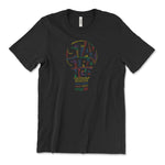 A black t-shirt with a lightbulb in the center made up of small, rainbow colored text with negative space that reads "Stay Strange". From Atypical Artists.