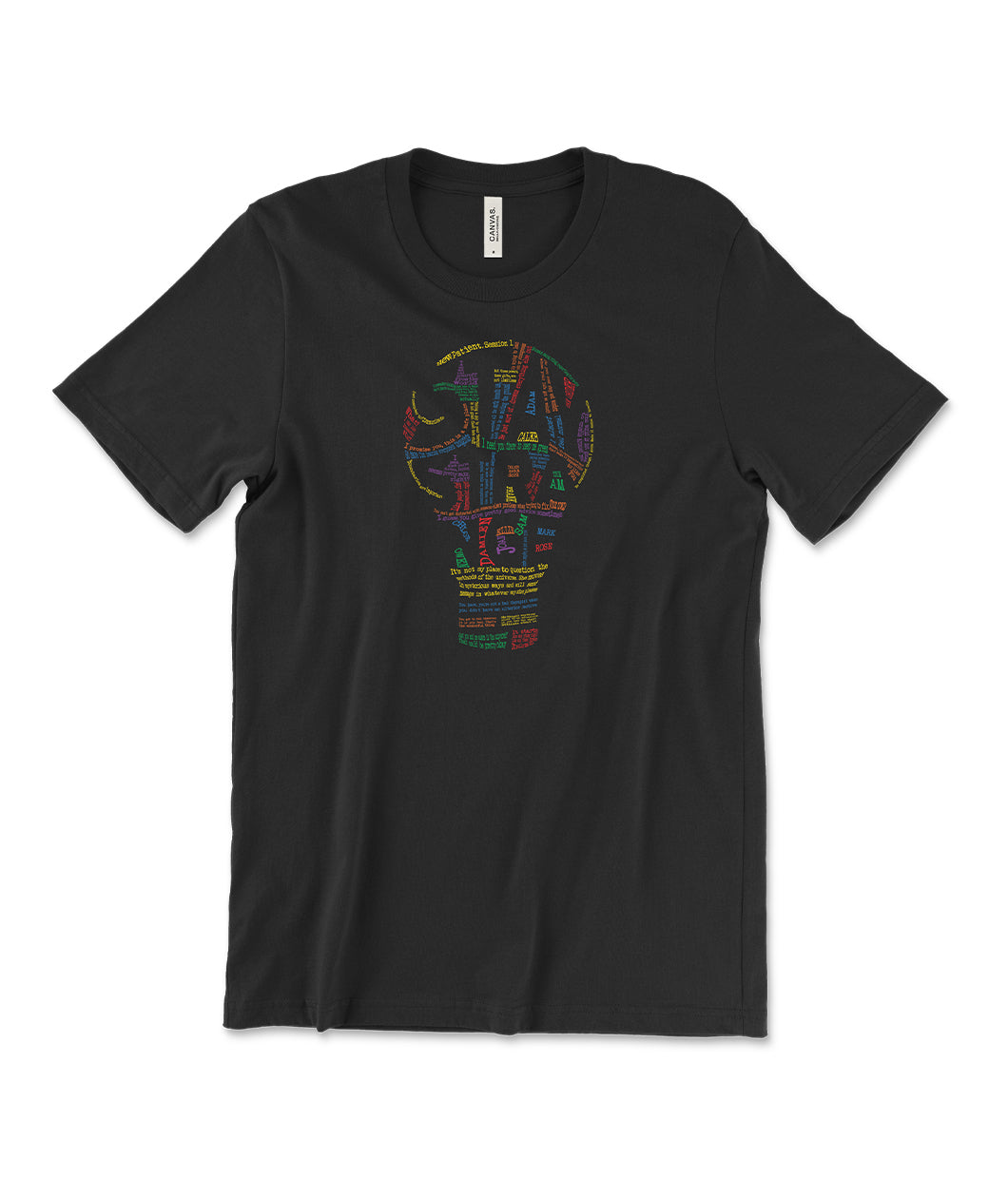 A black t-shirt with a lightbulb in the center made up of small, rainbow colored text with negative space that reads 