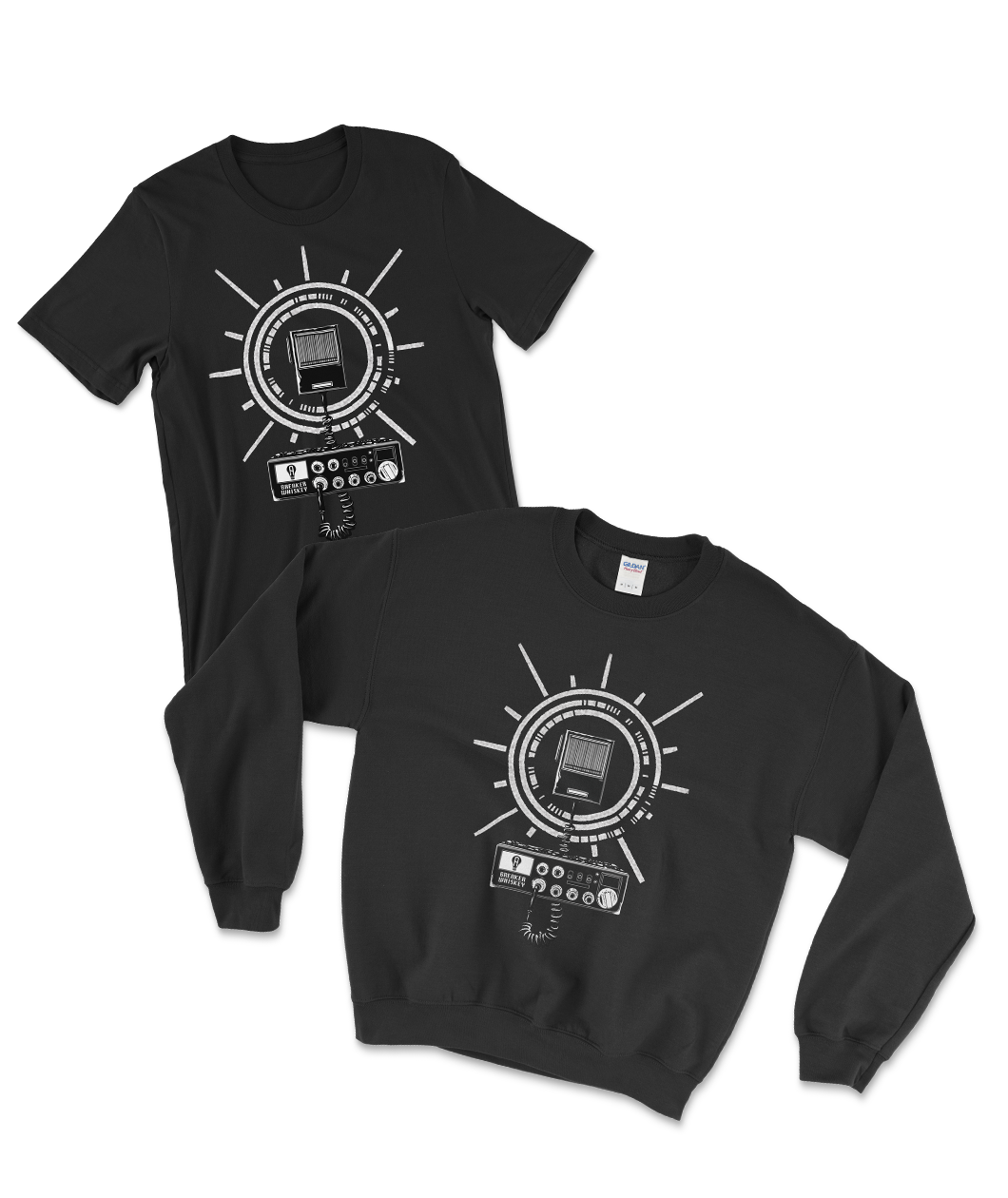 A black t-shirt and a black crewneck hoodie each with a white design on the front. From Atypical Artists.