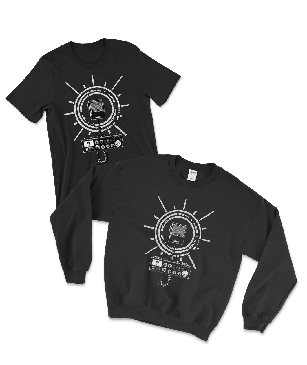 A black t-shirt and a black crewneck hoodie each with a white design on the front. From Atypical Artists. 