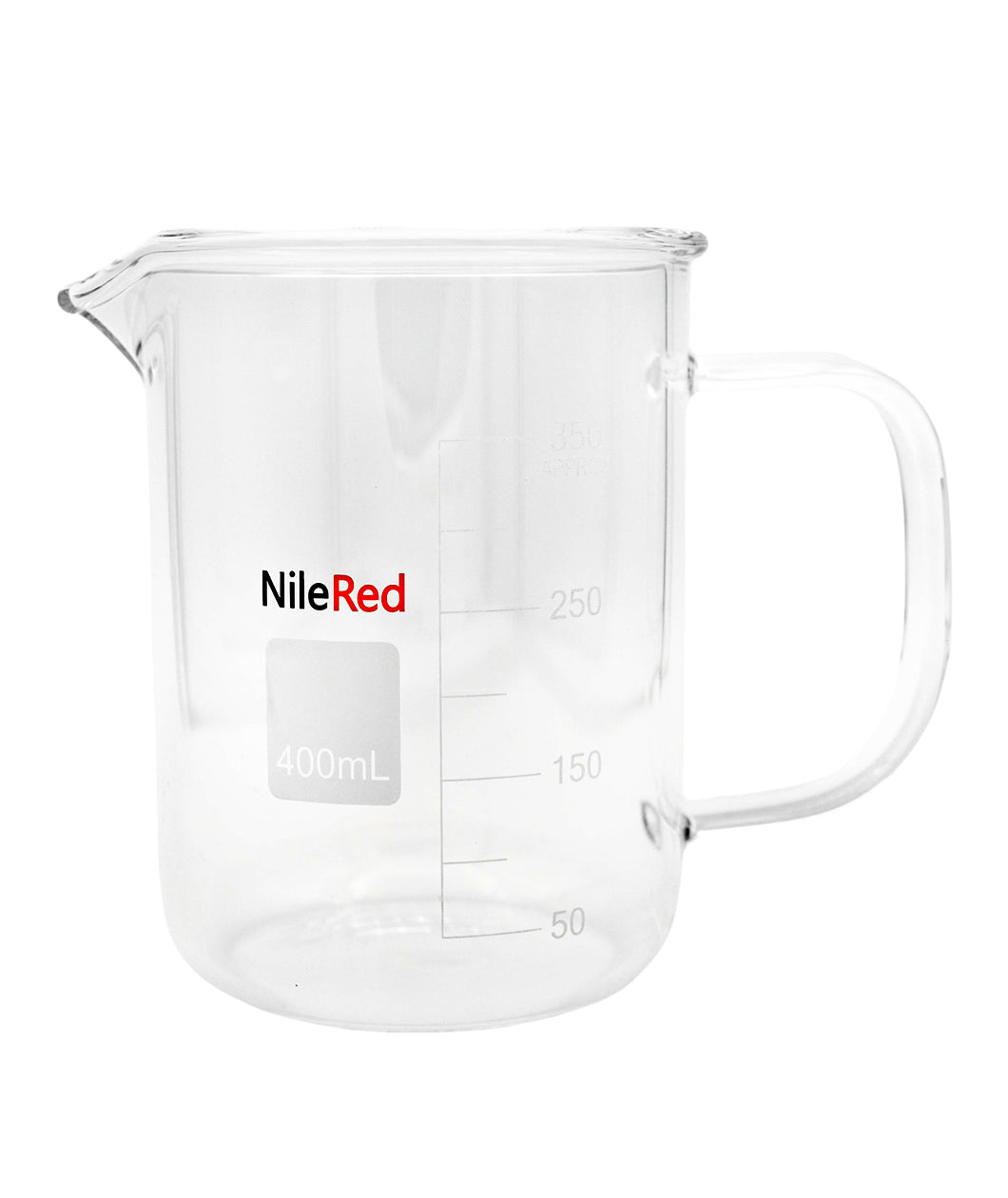 Clear mug shaped like a beaker with scale of mL in the side. Shows full glass is 400mL and NileRed logo printed in black and red is in the middle of the glass.