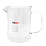 Clear mug shaped like a beaker with scale of mL in the side. Shows full glass is 400mL and NileRed logo printed in black and red is in the middle of the glass.