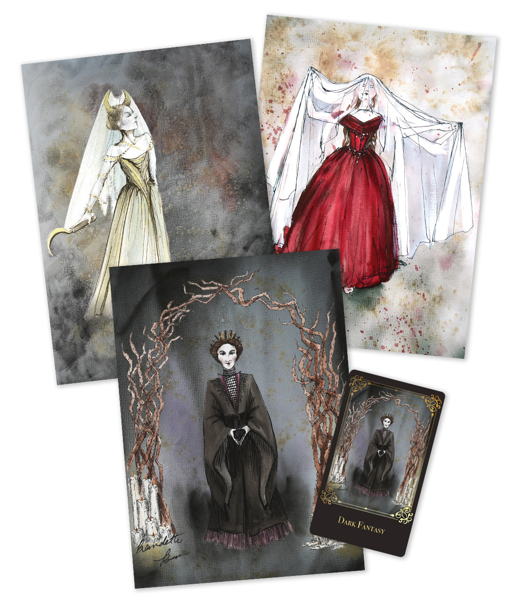 Mockup of a set of three prints and one tarot card featuring gothic-themed illustrations of women in elaborate dresses on a white background.