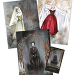Mockup of a set of three prints and one tarot card featuring gothic-themed illustrations of women in elaborate dresses on a white background.