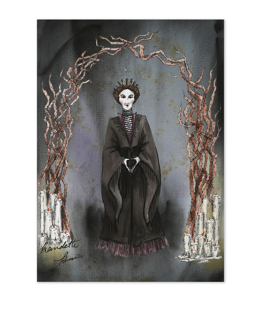 An illustration of a woman in a dark dress standing between twisted branches and candles with a gray textured background.