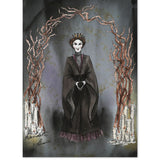 An illustration of a woman in a dark dress standing between twisted branches and candles with a gray textured background.