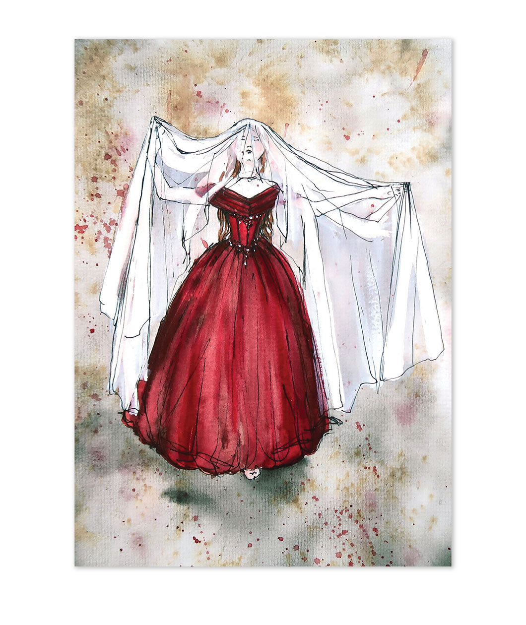An illustration of a woman in a red dress with a white veil against a textured background