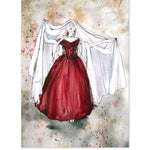 An illustration of a woman in a red dress with a white veil against a textured background