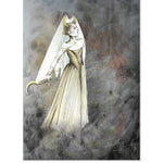 An illustration of a woman in a long, flowing dress with a veil and a curved sickle on a textured background