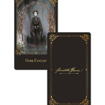 Tarot card mockup showing the front and back of the card. It features the Dark Fantasy collection art with gold foil details