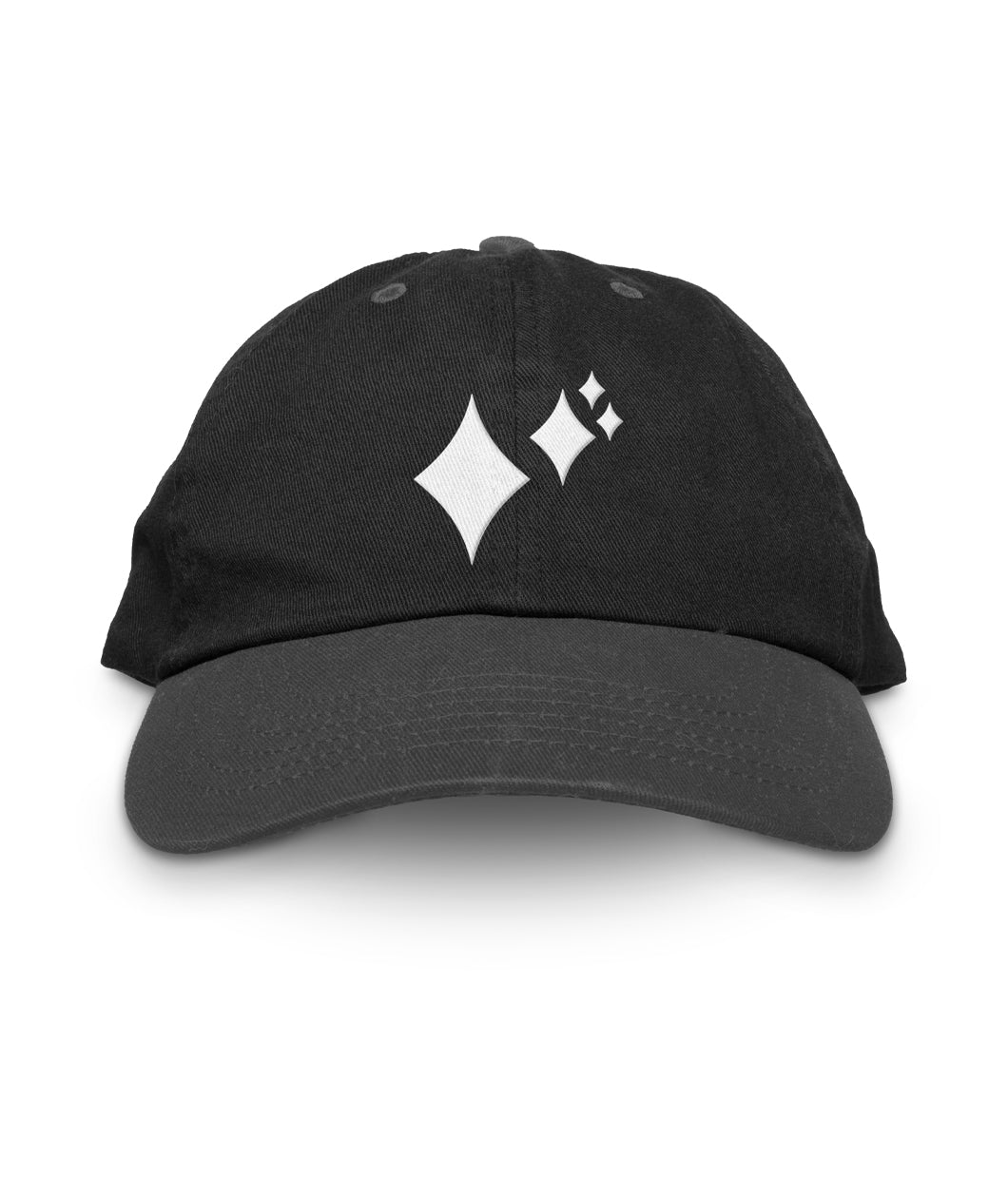 Black polo hat with white embroidery design of four pointed stars on them. There is one large star to the left, a medium star on the right of the large star, and two small stars to the right of the medium star. 