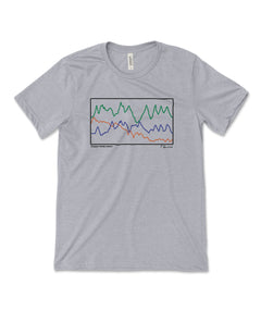 A grey t-shirt with a black rectangular outline around a chart of three different colored lines going up and down. Small text below reads "Chase Your Crazy" with a small signature from Courtney Dauwalter. 