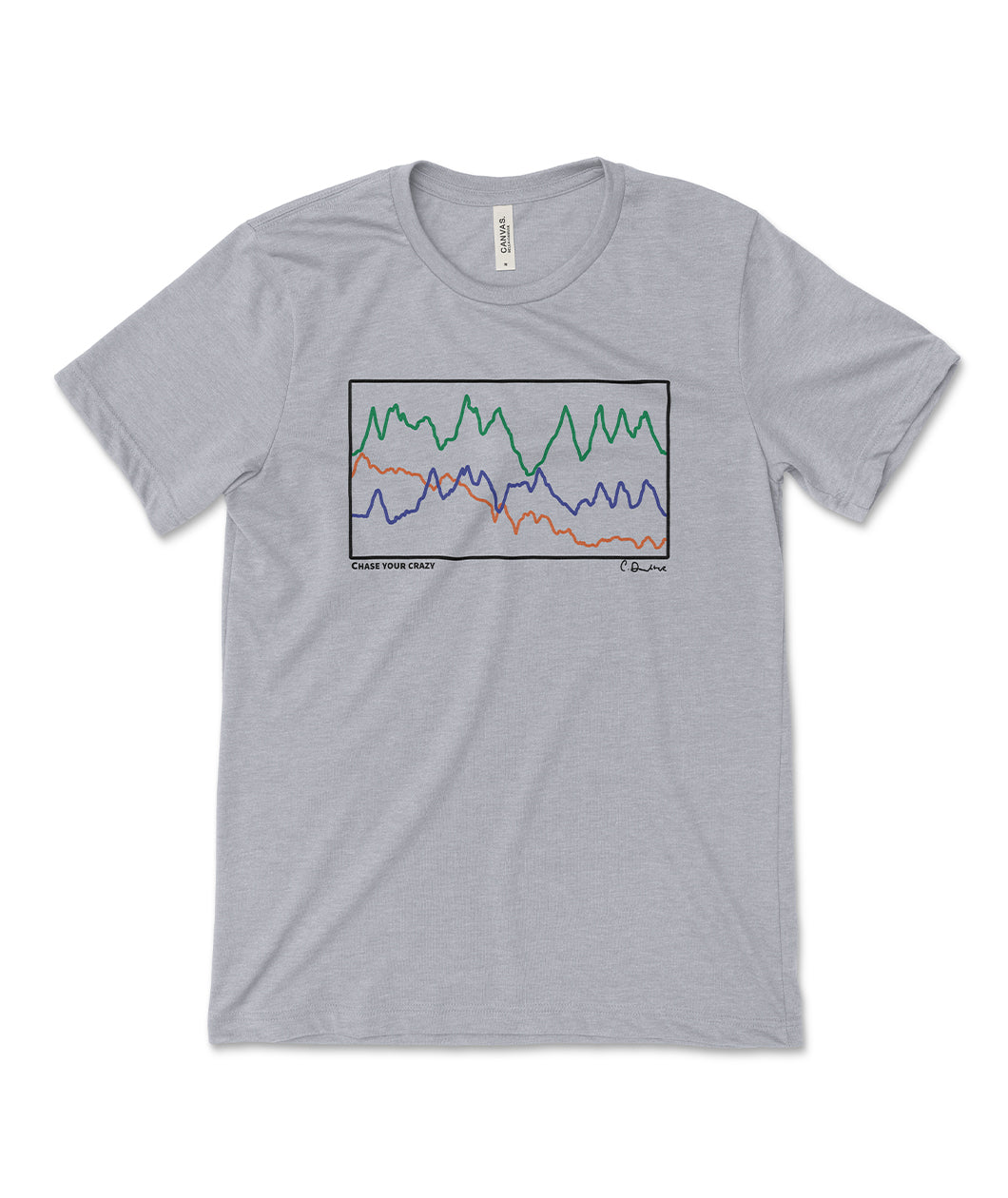 A grey t-shirt with a black rectangular outline around a chart of three different colored lines going up and down. Small text below reads 