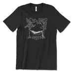 A black t-shirt with a white illustration of a leopard relaxing in a hammock between two trees. From Courtney Dauwalter.