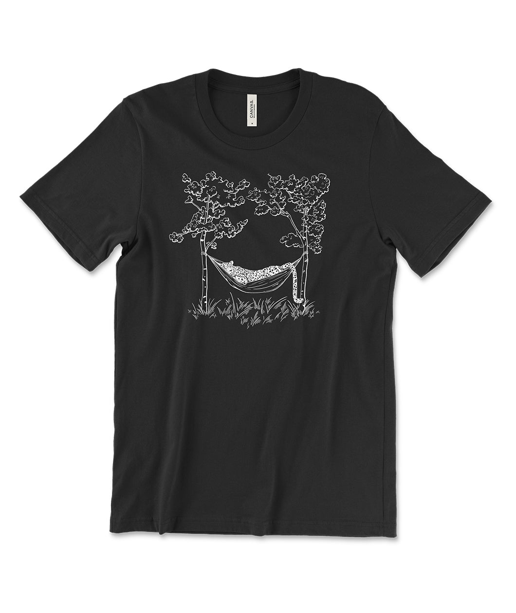 A black t-shirt with a white illustration of a leopard relaxing in a hammock between two trees. From Courtney Dauwalter. 