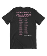 The back of a black t-shirt with the list of cities from the Safe and Sound Tour 2023.