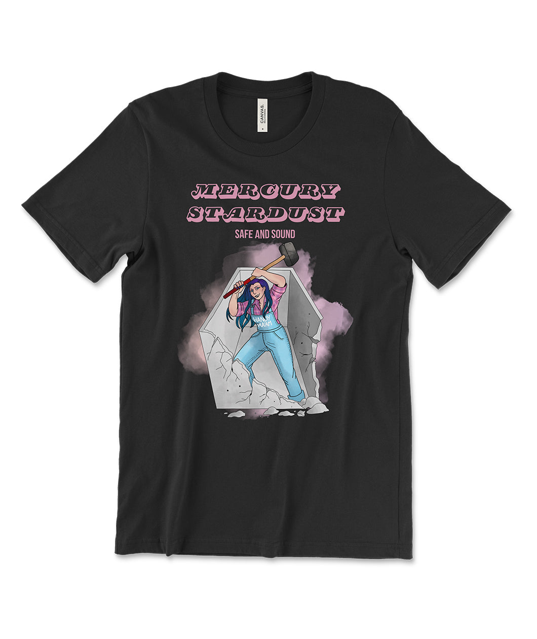 A black t-shirt that says "Mercury Stardust; Safe and Sound" in pink block letters. There is an illustration of someone with long blue hair and overalls holding a sledge hammer and breaking a concrete wall.