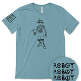 Courtney Dauwalter Robot, Robot, Robot Shirt comes in Heather Blue and Heather Red. A black line drawing of a robot is on the front center of the shirt, while the illustrated phrase Robot, Robot, Robot adorns the right sleeve.