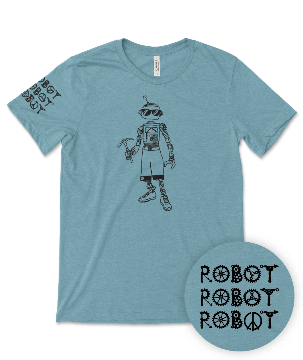 Courtney Dauwalter Robot, Robot, Robot Shirt comes in Heather Blue and Heather Red. A black line drawing of a robot is on the front center of the shirt, while the illustrated phrase Robot, Robot, Robot adorns the right sleeve.