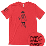 Courtney Dauwalter Robot, Robot, Robot Shirt comes in Heather Blue and Heather Red. A black line drawing of a robot is on the front center of the shirt, while the illustrated phrase Robot, Robot, Robot adorns the right sleeve.