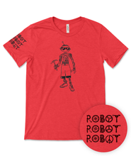 Courtney Dauwalter Robot, Robot, Robot Shirt comes in Heather Blue and Heather Red. A black line drawing of a robot is on the front center of the shirt, while the illustrated phrase Robot, Robot, Robot adorns the right sleeve.