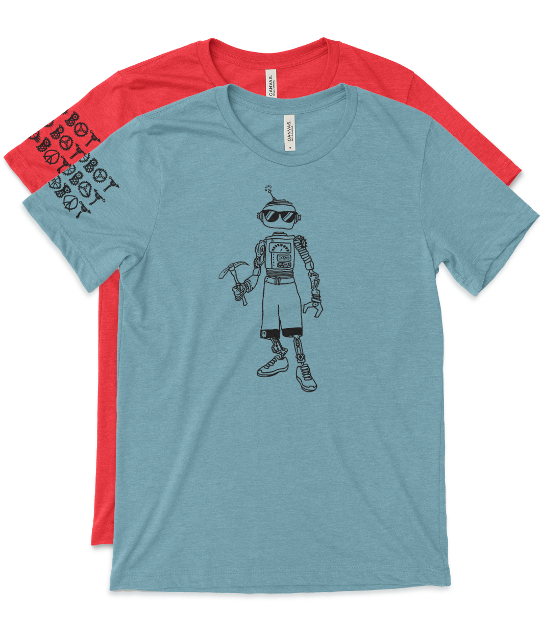 Courtney Dauwalter Robot, Robot, Robot Shirt comes in Heather Blue and Heather Red. A black line drawing of a robot is on the front center of the shirt, while the illustrated phrase Robot, Robot, Robot adorns the right sleeve.