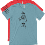 Courtney Dauwalter Robot, Robot, Robot Shirt comes in Heather Blue and Heather Red. A black line drawing of a robot is on the front center of the shirt, while the illustrated phrase Robot, Robot, Robot adorns the right sleeve.