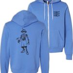 Courtney Dauwalter Robot, Robot, Robot Sweatshirt is a full zip hoodie in Heather Columbia Blue. The illustrated phrase, Robot, Robot, Robot is screen printed on the front left chest and a black line drawing of a robot is screen printed on the center back of the hoodie. Zipper and sweatshirt strings are white.