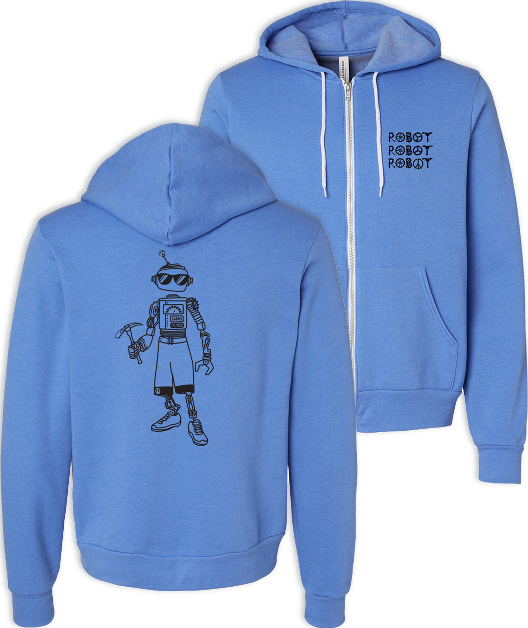 Courtney Dauwalter Robot, Robot, Robot Sweatshirt is a full zip hoodie in Heather Columbia Blue. The illustrated phrase, Robot, Robot, Robot is screen printed on the front left chest and a black line drawing of a robot is screen printed on the center back of the hoodie. Zipper and sweatshirt strings are white.