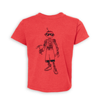 Courtney Dauwalter Robot, Robot, Robot Kids Shirt in Heather Red. Has black line drawing illustration of a robot on the front of the shirt.