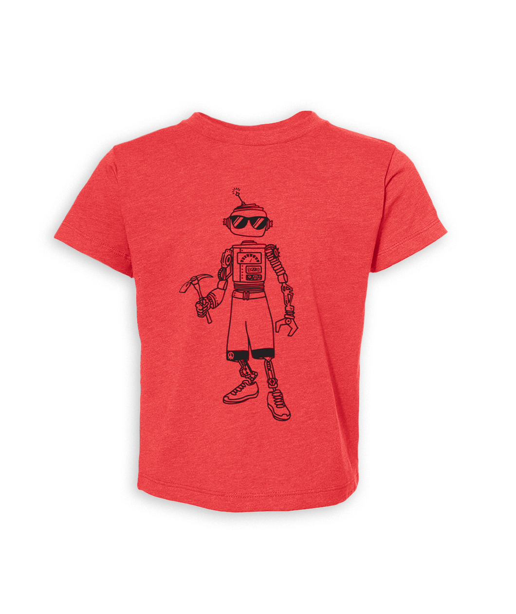 Courtney Dauwalter Robot, Robot, Robot Kids Shirt in Heather Red. Has black line drawing illustration of a robot on the front of the shirt.