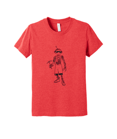 Courtney Dauwalter Robot, Robot, Robot Kids Shirt in Heather Red. Has black line drawing illustration of a robot on the front of the shirt.