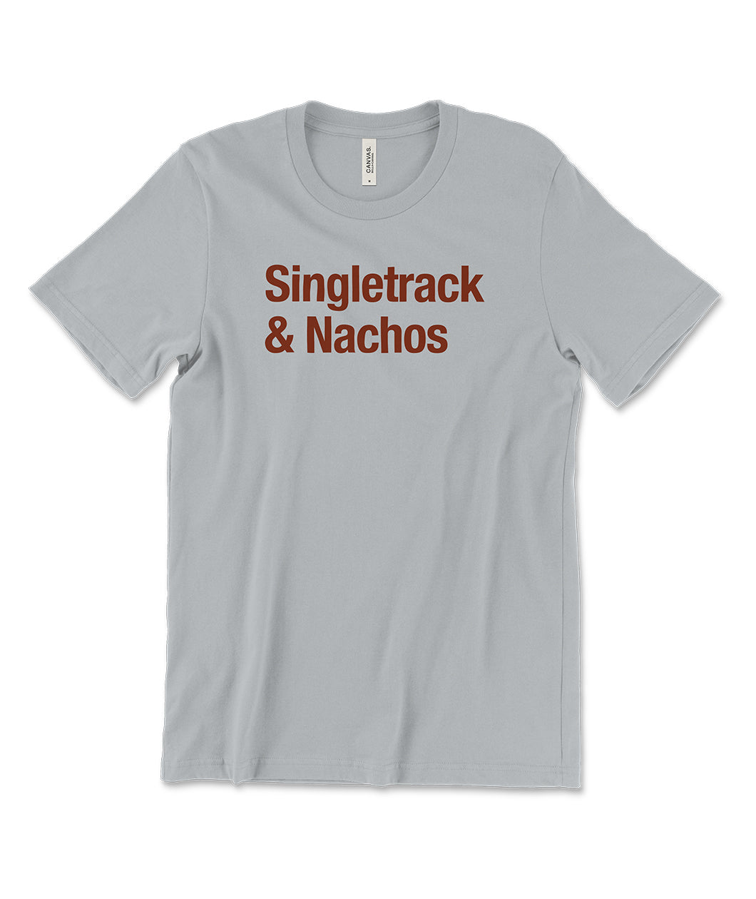 A silver/gray t-shirt with maroon lettering across the front that reads "Singletrack & Nachos". From Courtney Dauwalter.