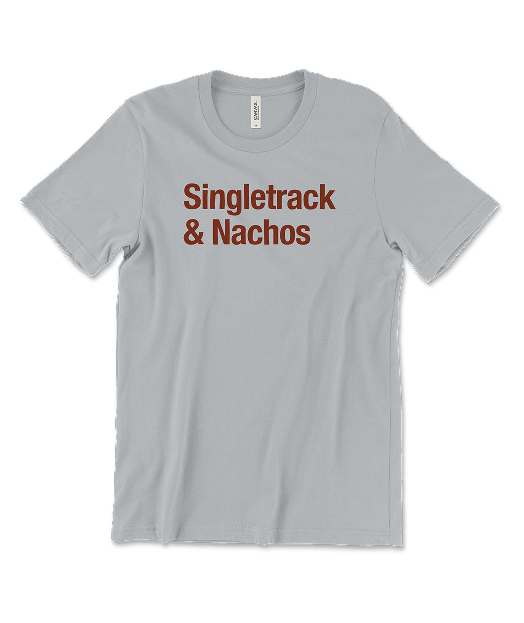 A silver/gray t-shirt with maroon lettering across the front that reads 