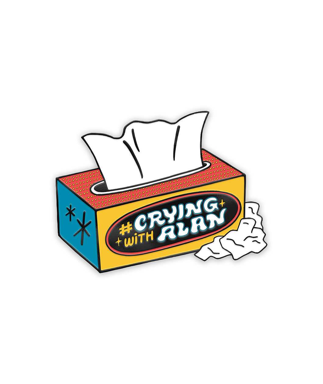#CryingwithAlan pin. A tissue box-shaped pin to remind you to bring tissues to your Cinema Therapy viewing.