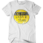 A mockup of an off-white t-shirt with a design featuring a hand drawn yellow and black Dear Hank & John logo.
