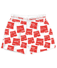 White boxer shorts with a pattern of red boxer shorts that say "Cool Guy" on them in different alternating fonts. The words "Cool Guy" are repeated in red on the waist band in the same different alternating fonts.