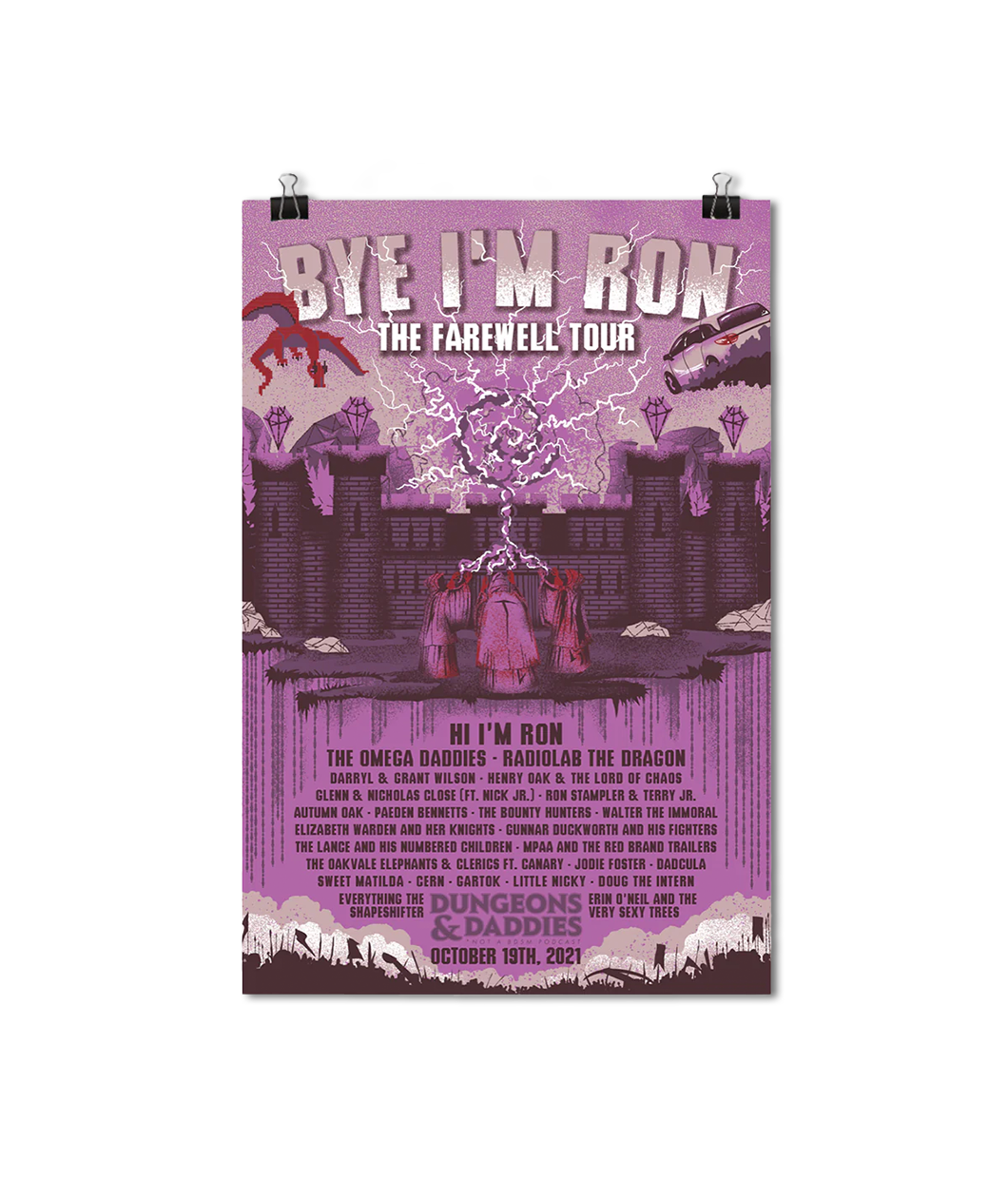 Purple wash poster with large illustrated text that says, 